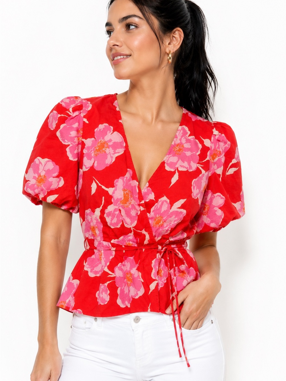 Old Navy Floral Wrap Peplum Blouse XS Pink Red 100% Cotton